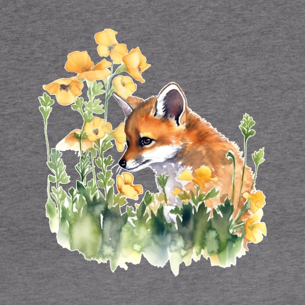 Baby Fox and Flowers by bztees3@gmail.com